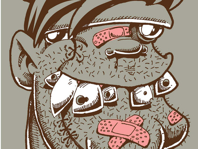Detail of Frank Incisor bandaid brown frankenstein illustration monster pen and ink pink sweet tooth trading card trading cards vector