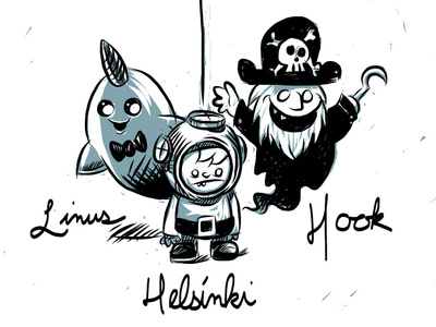 Linus, Helsinki and Hook characters bowtie character children diver ghost helsinki hook illustration linus narwhal pirate