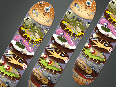 Trash Burger Skateboard Design brass knuckles bullet burger chicken feet dead fish eyeball fly illustration razor blade skateboard tentacle vector