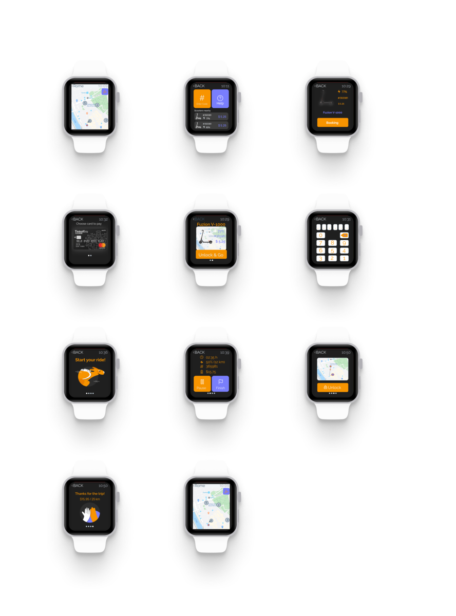 Electric scooter rental app for Apple Watch by Bardalist on Dribbble