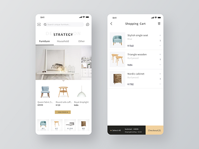 Furniture App app application card design furniture homepage household mobile shopping cart sketch typography ui ux white