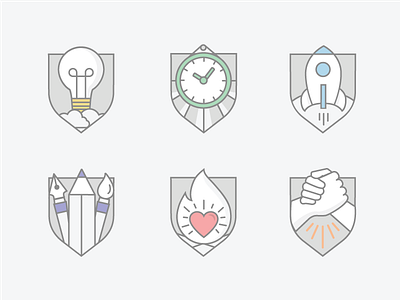 Badges badges colours creative efficient flat icons illustrations innovation passionate team work ui