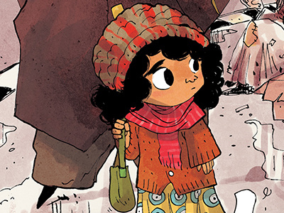 a compassionate girl art bag character girl hat illustration rain scarf sketch
