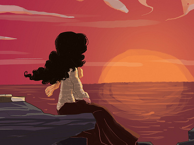 sunset by the sea shore design girl illustration sitting sun sunset woman