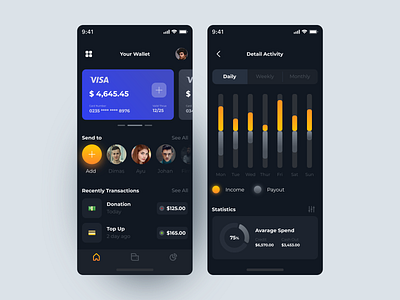 Exploration - Wallet App app design clean dailyui dark ui design inkscape minimal minimalist money money app product design transfer ui uidesign uimob uiux ux uxdesign wallet app wallet ui