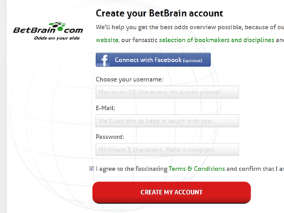BetBrain Redesign Registration account betting comparison create interaction odds preview redesign register registration sign signup sports up