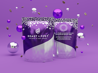 Roast & Post coffee bags 3d beans blender brand identity branding coffee coffee bag coffee bags coffee beans packaging packaging design product visualization purple