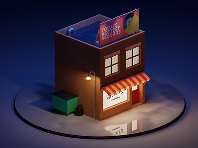 Micro cafe 3d blender building illustration isometric art night render scene