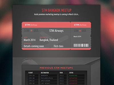 STM Landing page airlines airport black blur event landing page meetup red ticket ui website