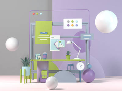 a work place 3d animation blender color cute elements graphic design sphere uiux