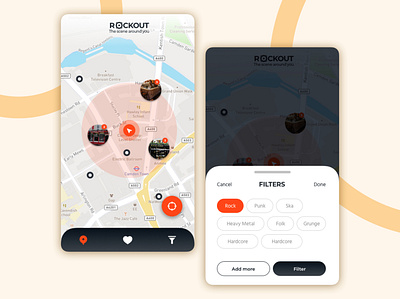 Rockout - The scene around you - Mobile App app concert geolocalisation minimal mobile ui music rock ui ux