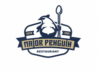 Penguin bar character eat food guard logo major mascot penguin restaurant serious spoon