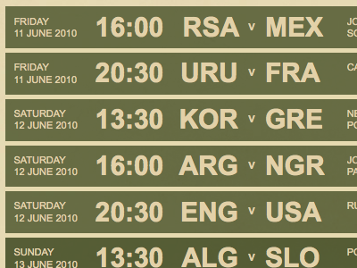 Times and Teams green grid kickoff layout retro typography world cup world cup kickoff