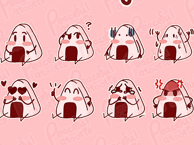 Riceball Emote Mockup aesthetics anime branding computer art design emoji emoji set emojis emote emotes food huion illustration inspired japanese art japanese food kawaii mobile app pastel riceball