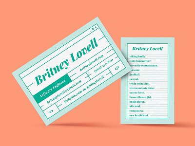 Britney Lovell Business Card biz branding business card dev developer green logo pink salmon stationary stationery