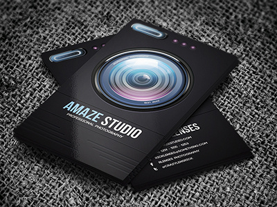 Photographer Lens Business Card black business camera card double sided front glossy lens photographer photography professional studio