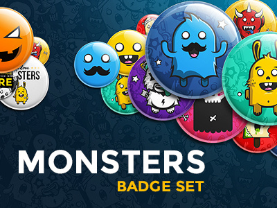 Cute Monsters - Button Badge Set badge button cute devil glossy halloween monsters moustache pin spooky vector zombie