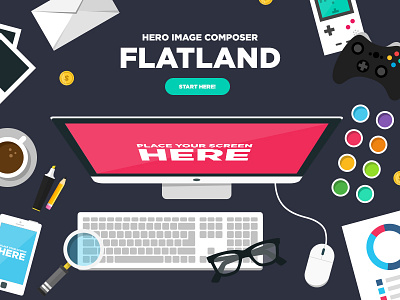 Flatland - Hero Image Composer camera computer devices flat food frames header icon imac laptop mobile tablet