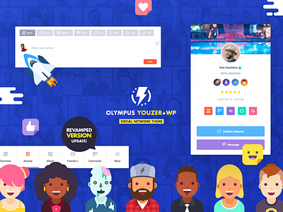 Olympus Wordpress Social Network Revamp! boxes chat community events forum illustration network plugin profile shop social sticker theme ui website wordpress