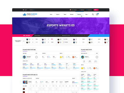 Pixel Diamond HTML - eSports Widgets badge esport forum game gaming html logo magazine news player shop sports stats stream streamer team twitch ui website