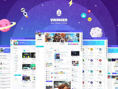 Vikinger - Social Network and Marketplace Template badges chat community dashboard emoji emoticon event forum game gamification group illustration marketplace members network profile reaction social stream vector