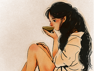 Morning Tea girl illustration long hair morning tea watercolor