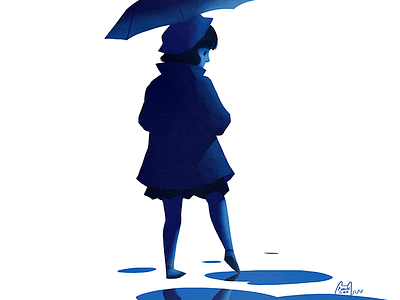 Rain blue drawing girl illustration rain umbrella water