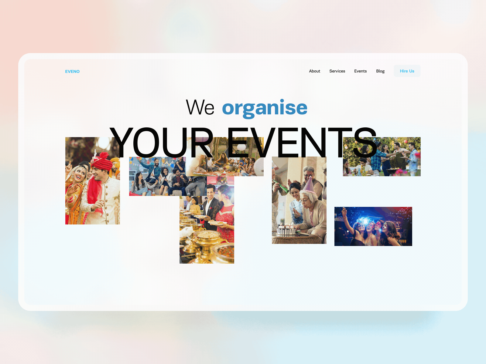 Website header for event organizer company animation art direction concept design event header hero banner hero section home page interaction landing landing page layout main page motion graphics organise organizer service ui website