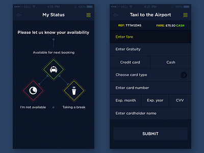 Taxi App dark flat ios mobile app taxi ui