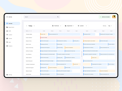 Employees attendance dashboard attendance calendar dashboard day department employee hr hr department location office saas staffs timeframe today ui ux view by web app