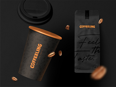 Coffeeling - Paper Cup and Pouch 2019 black branding coffee coffee bean coffeeshop color creativity cup design feeling hot istanbul modern orange packing design paper cup pouch rectangle simple