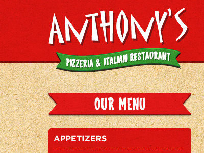 Anthony's Pizza Menu brown green menu pizza red tan texture ui website white