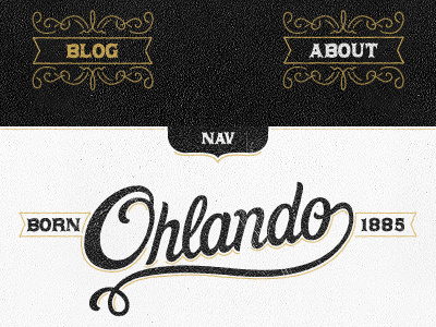 Ohlando Header black distressed gold nav navigation script texture type