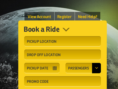 Book A Ride black button earth ui website yellow