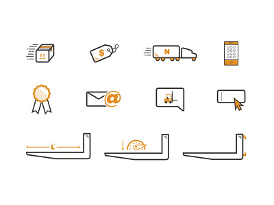 Netforks Icons black box brand identity contact email fork forklift icons illustraion input fields lift medal orange package phone shipping speed truck vector web design