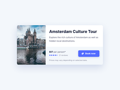 Amsterdam Culture Tour Card amsterdam blue book now card card design clean design figma minimal rating shadow steve schoger ticket tickets ui user interface ux ux design uxdesign web