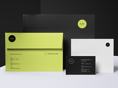 Neuralcode.ai black branding business cards clean coding collateral digital envelopes green identity logo mono monotype print simple stationery swiss
