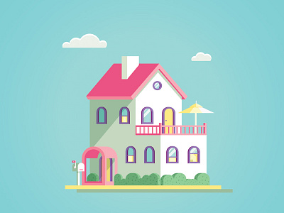 Little big house blue clouds dribbble house invite mail box pink yellow
