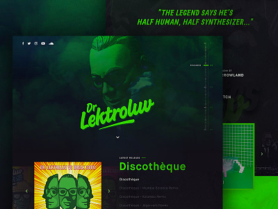 Dr. Lektroluv black dark deejay full size green layout producer singlepage singlepager website