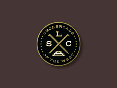 SLC Badge badge black crossroads of the west enamel pin gold golden spike locomotive rail spike railroad salt lake city slc utah