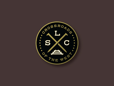 SLC Badge badge black crossroads of the west enamel pin gold golden spike locomotive rail spike railroad salt lake city slc utah