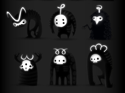 DARKLINGS | The Masked black and white character design creatures dark darkness game masks monochorome monsters skulls symbols