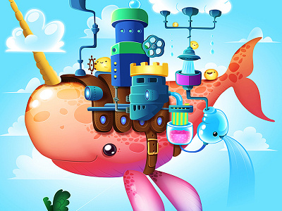 The Rain-Maker Whale-Island castle in the sky character design clouds drop illustration narwhal rain system water whale