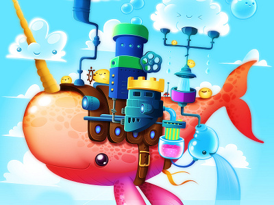 SkyMath: Rain-Maker Flying Whale app bubbles clouds drops educational horn ipad kawaii pipes sky water whale