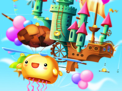 SkyMath: Wind Castle balloons castle educational floating flying illustration island kawaii sky stairs water zeppelin