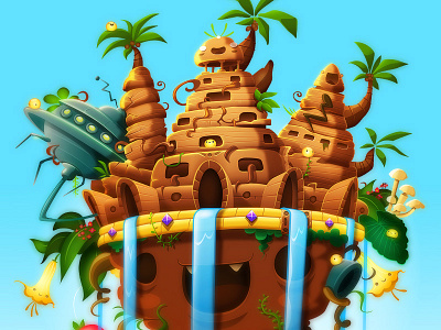 SkyMath: Temple Island alien floating flowers island jungle kawaii ovni palms temple ufo