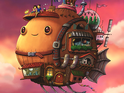The Nomad Onion anime castle colorful digital nomad drawing dreamy fan art fantasy flying handmade illustration love moving castle nomad onion painting ship sky travel trip
