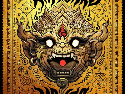 Hanuman Yant (Golden version) amulet asia bangkok drawing god golden hanuman hindu illustration magic mask monkey mystical poster ramayana sak yant talisman thailand yantra