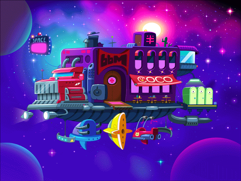 Hard Rock Spacebar animation bar cosmic illustration motorbike planets restaurant rock space spaceship truck universe