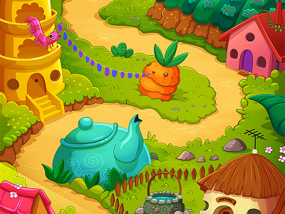 Berry Game - Map 5/9 farm game illustration kettle map path teapot temple trail videogame village worm